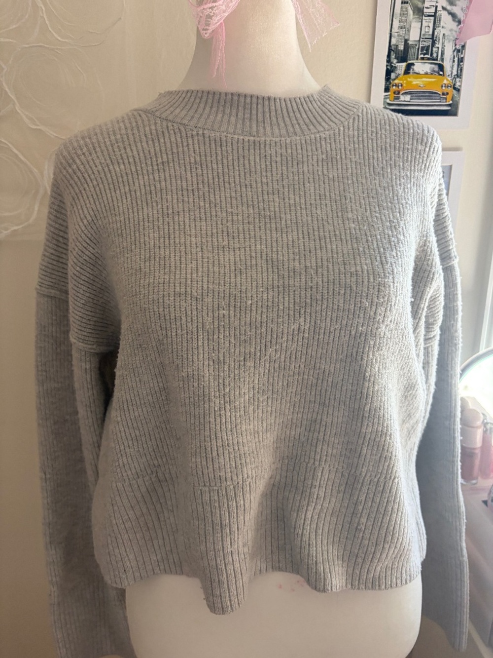 Pink Rose Grey Knit Crewneck Sweater Crop Side Slit Ribbed Pullover Women XS A10